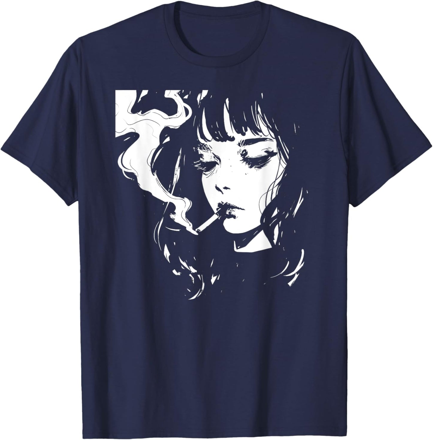Soft Grunge Kawaii Anime Girl Smoking Waifu Otaku Japanese T-Shirt - T-Shirt | Navy
