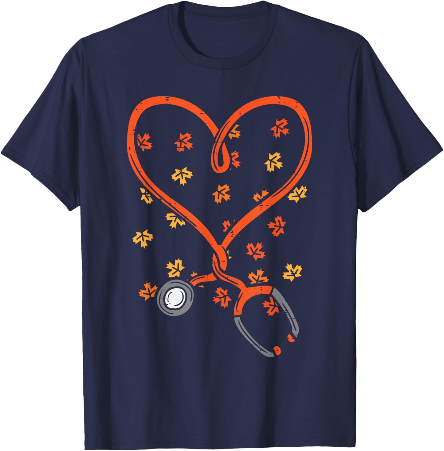Thanksgiving Nurse Stethoscope Heart Fall Scrub Top Women T-Shirt - T-Shirt | Navy
