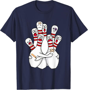 Cartoon Bowling Scared Bowling Pins Funny Sport Bowler T-Shirt - T-Shirt | Navy