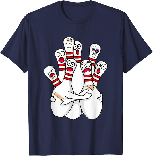 Cartoon Bowling Scared Bowling Pins Funny Sport Bowler T-Shirt - T-Shirt | Navy