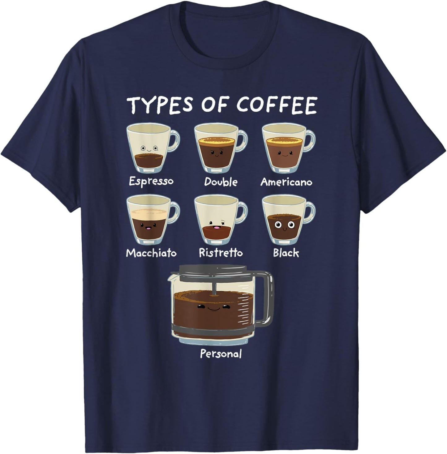 Types of Coffee Shirt Funny Caffeine Lover Barista T-Shirt - T-Shirt | Navy