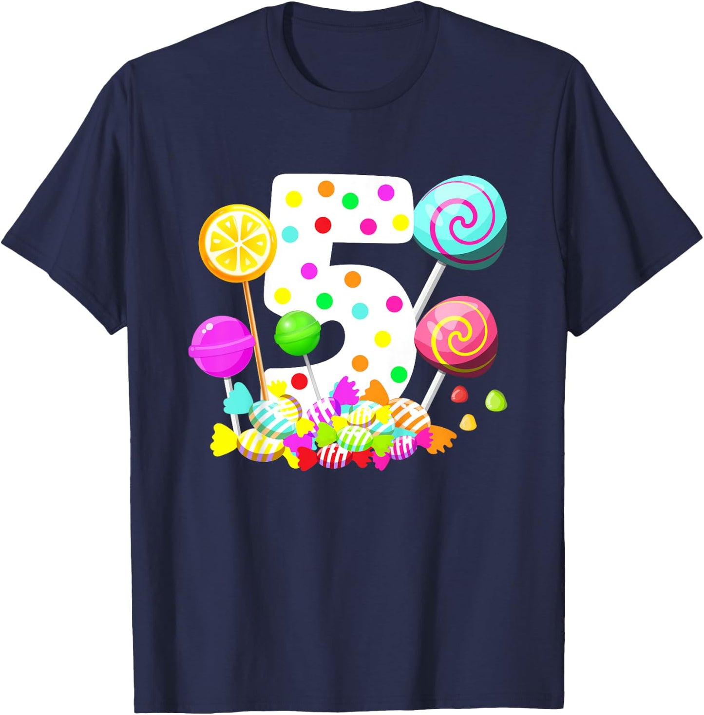 Kids 5th Candy Birthday Party Five Year Old Girl Candy T-Shirt - T-Shirt | Navy