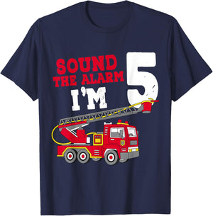 Sound The Alarm I'm 5th Birthday Firefighter Fire Truck 5 T-Shirt - T-Shirt | Navy