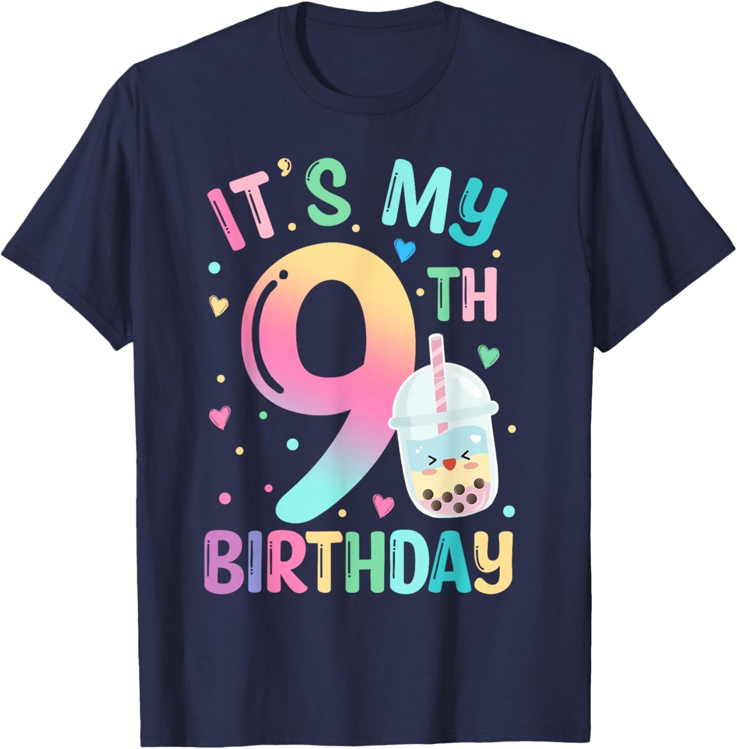 It's My 9th Birthday Bubble Boba Tea Party 9 Year Old Girl T-Shirt - T-Shirt | Navy