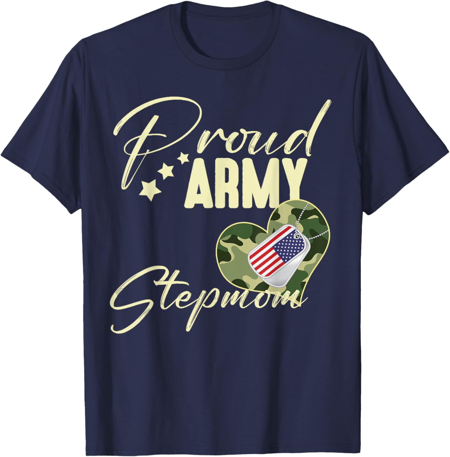 Proud Army STEPMOM Camouflage Dog Tag USA American Flag Women T-Shirt - T-Shirt | Navy