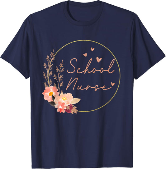 Women School Nurse Flower Floral Nursing Nurse Day - Week T-Shirt - T-Shirt | Navy