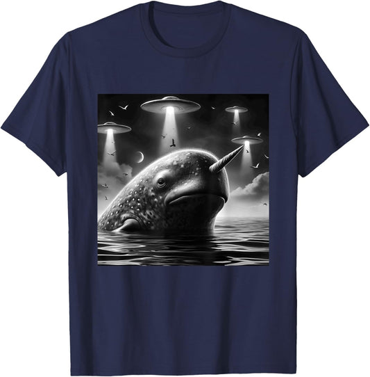 Narwhal Funny Graphic Selfie with UFOs Weird Aliens T-Shirt - T-Shirt | Navy
