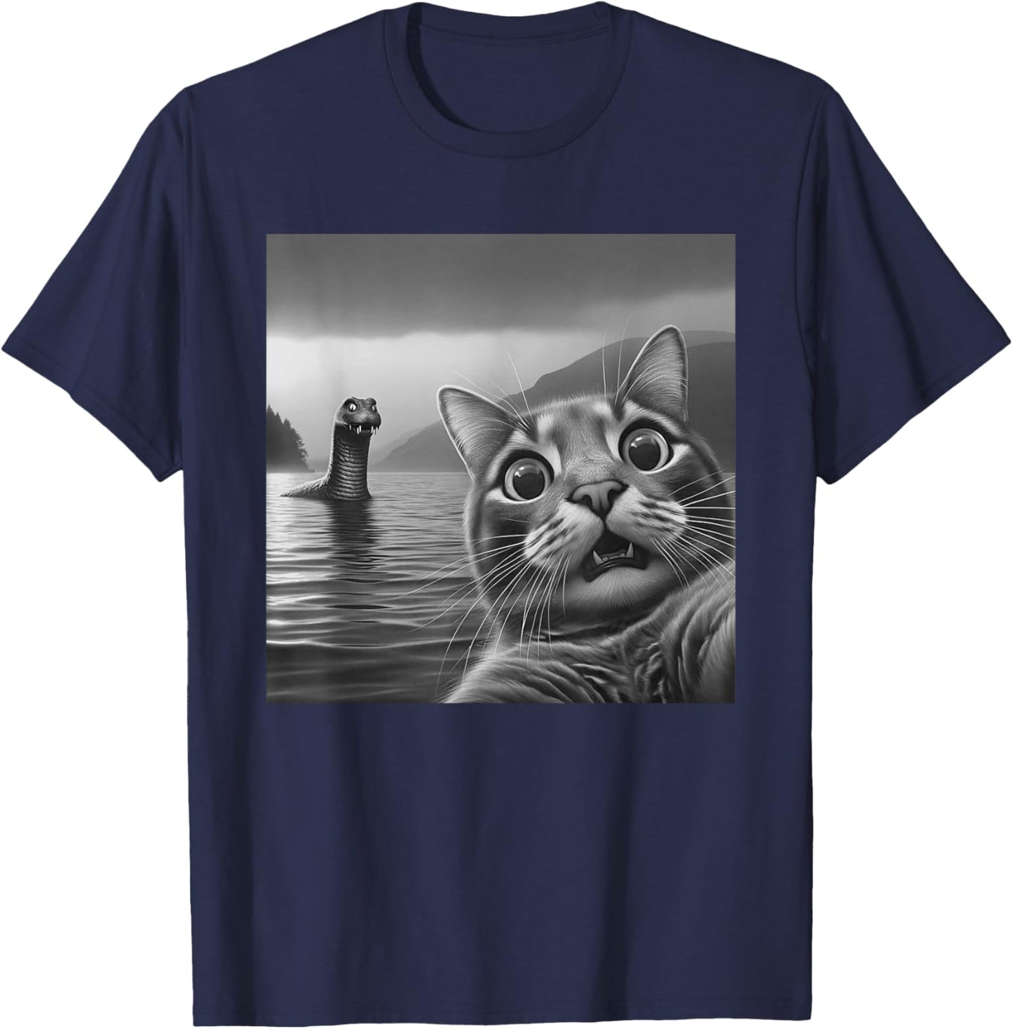 Funny Surprised Cat Selfie with Loch Ness Monster Nessie Women Girls Kids T-Shirt - T-Shirt | Navy