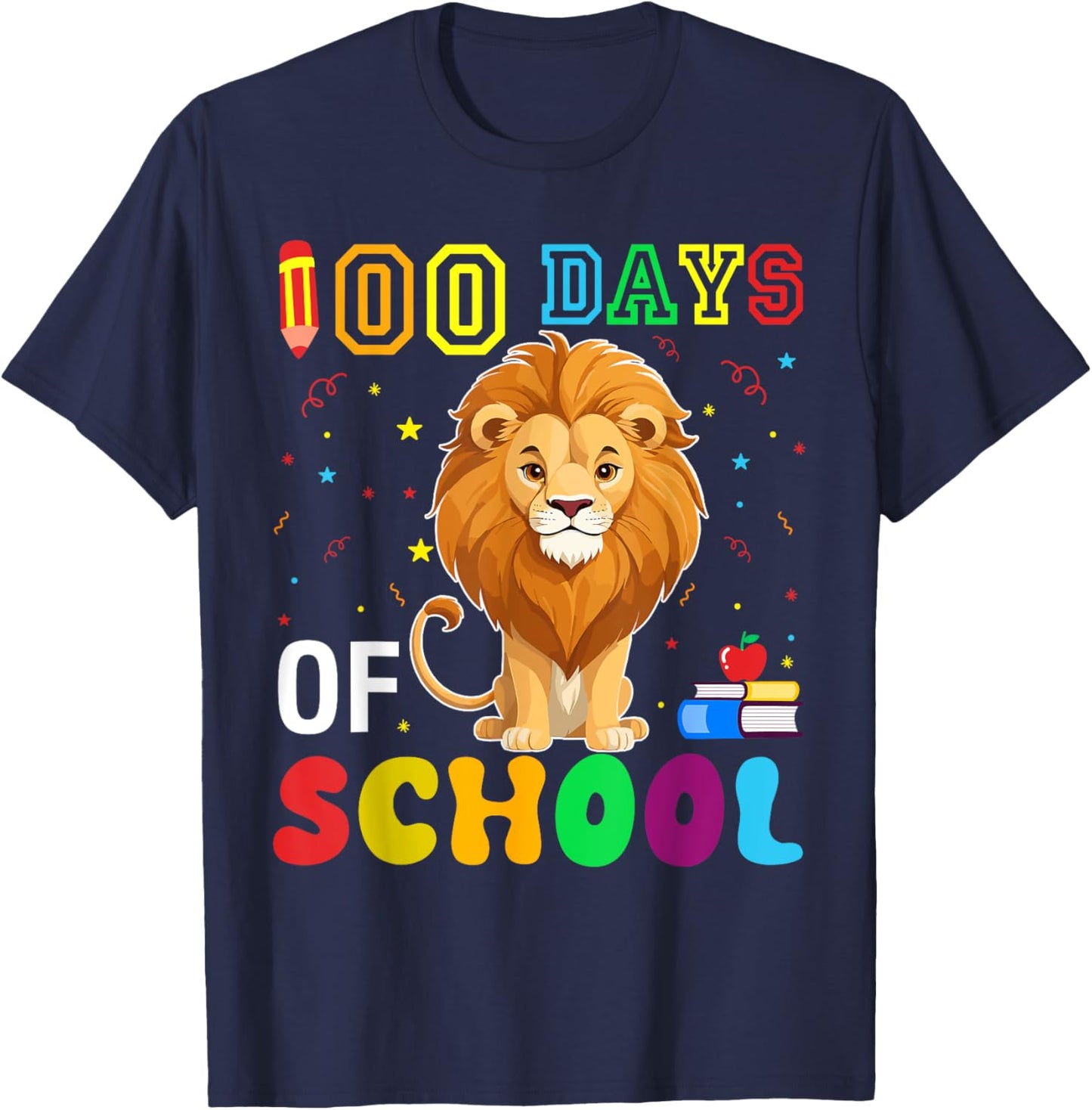 Funny Lion Lover Boys Girls 100 Days of School T-Shirt - T-Shirt | Navy