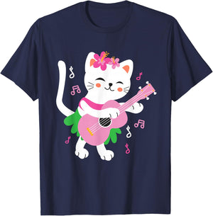 Kids Cat Playing Ukulele Player Hawaiian Musician T-Shirt - T-Shirt | Navy