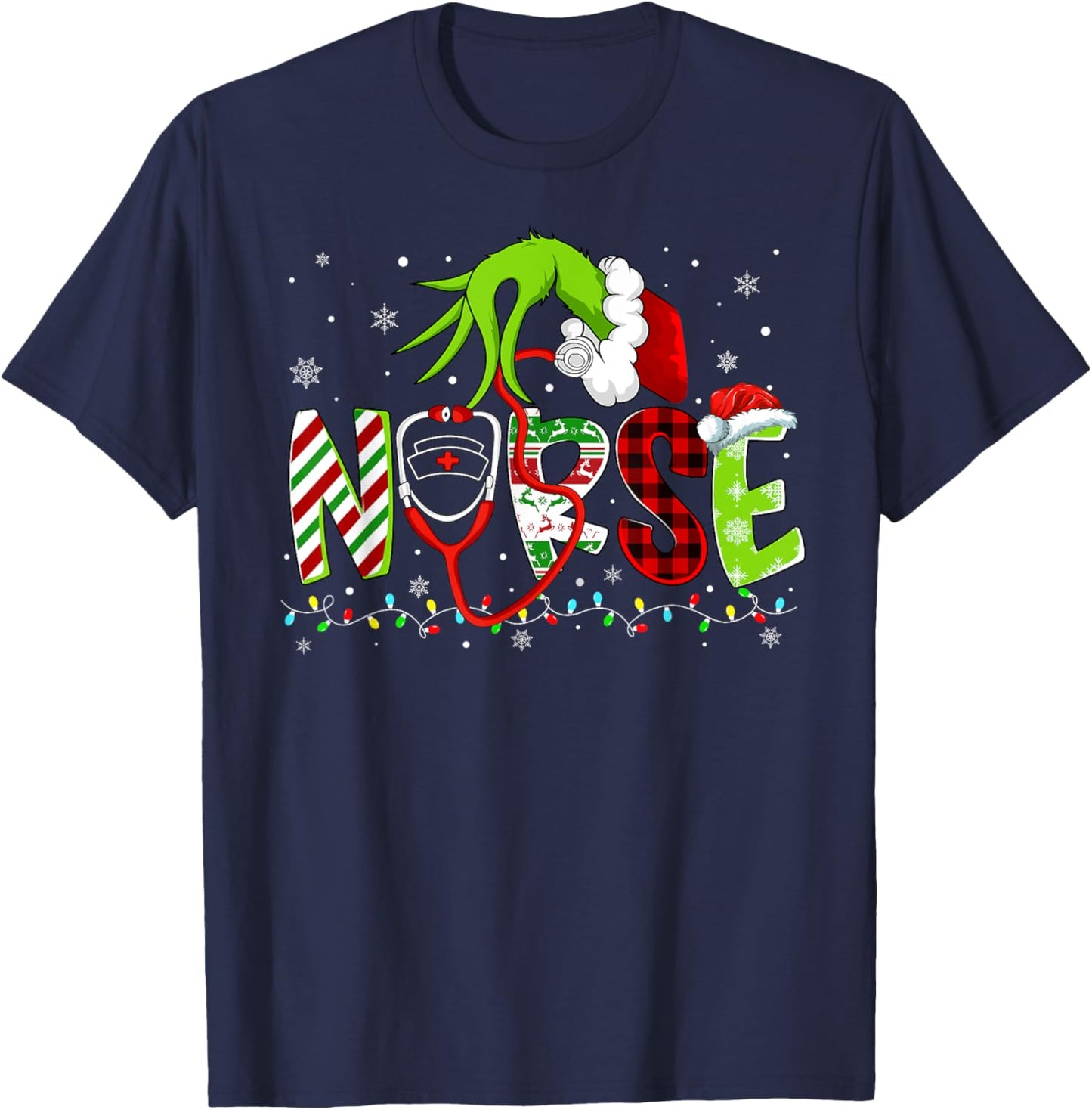 Nurse Funny Merry Christmas Stethoscope Lights Xmas Pajamas T-Shirt - T-Shirt | Navy