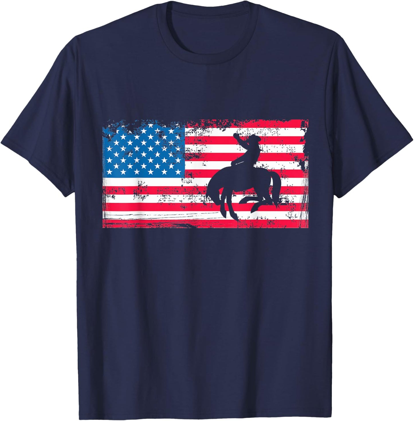 Retro American Flag Rodeo Bronc Horse Riding Cowboy Cowgirl T-Shirt - T-Shirt | Navy