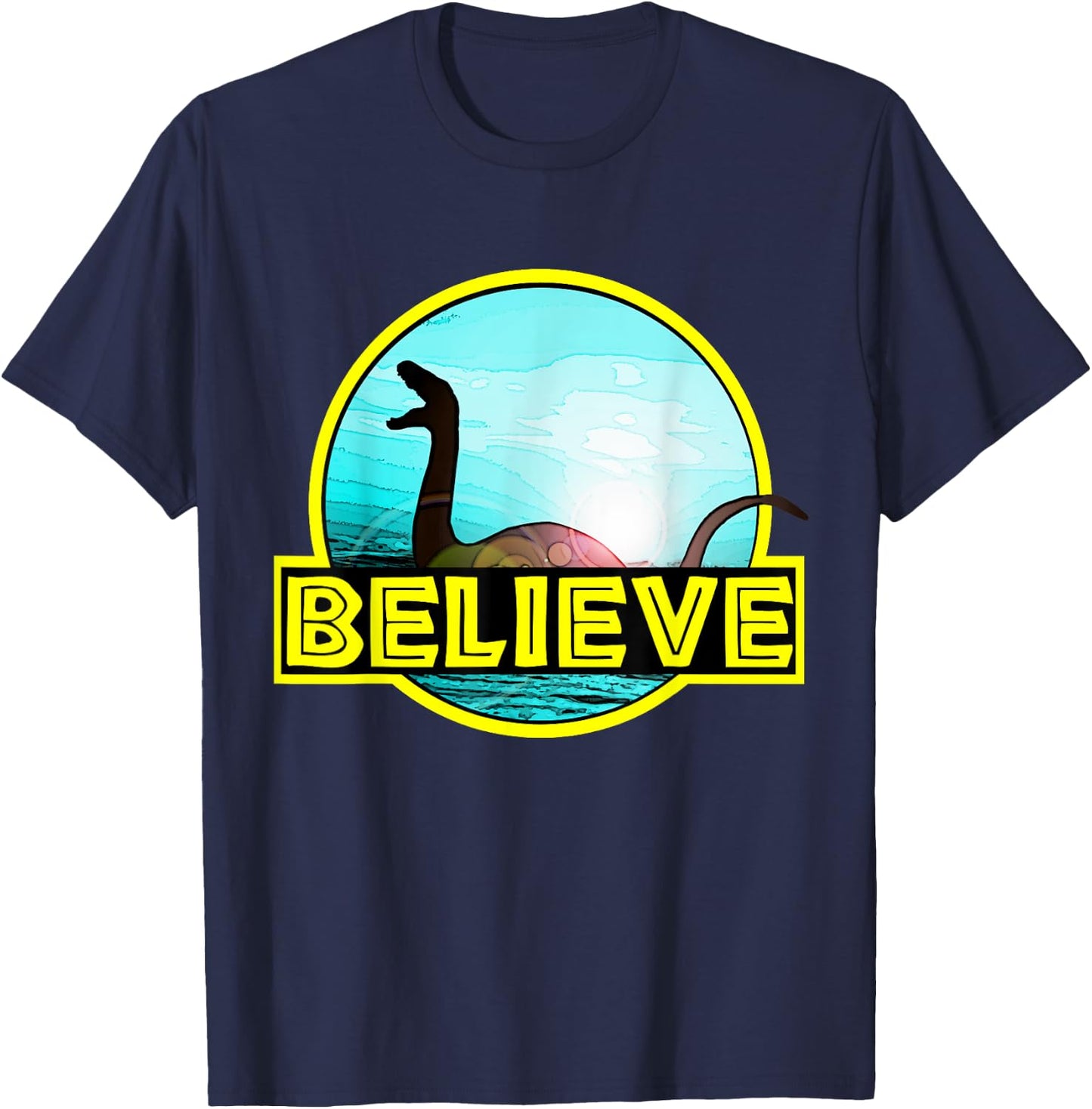 Believe Sea Monsters Ocean Plesiosaur Dinosaur Nessie Champ T-Shirt - T-Shirt | Navy