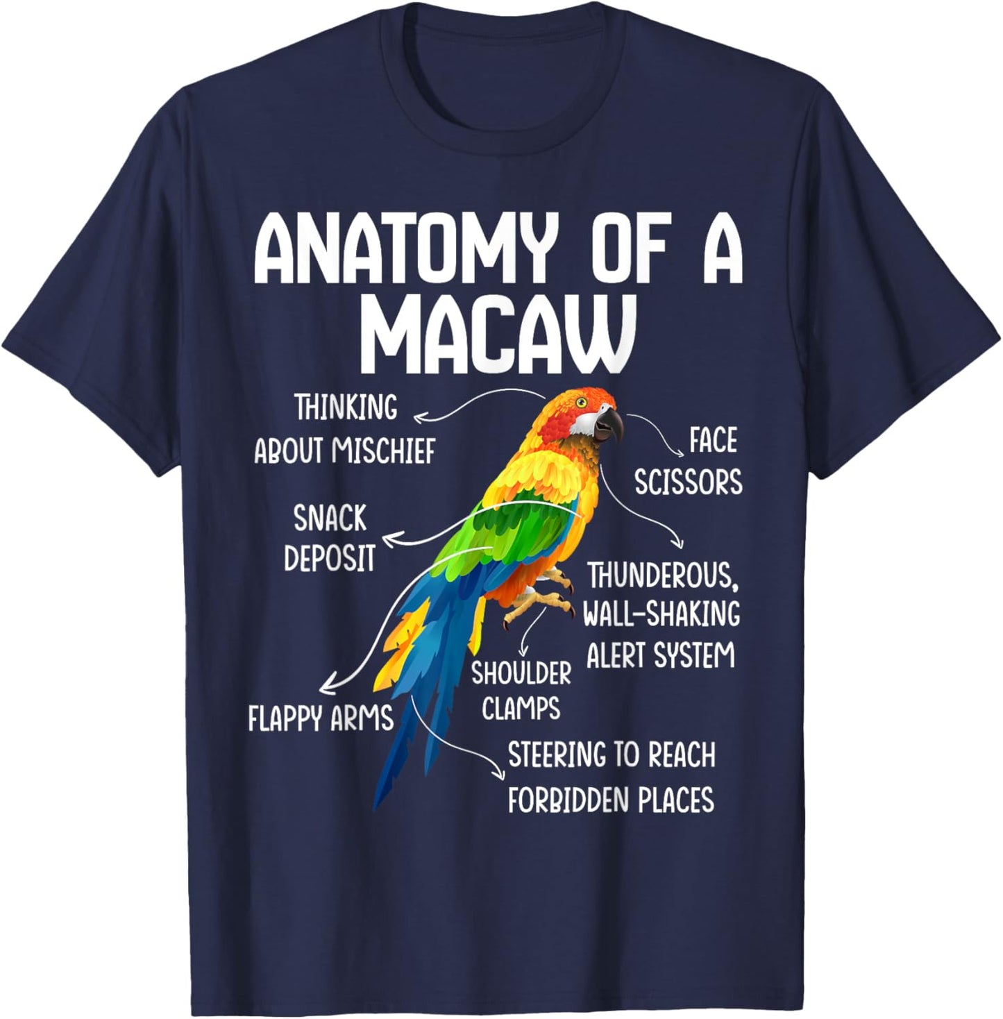 Anatomy of a Macaw Macaw Blue Yellow Hybrid Macaw Bird T-Shirt - T-Shirt | Navy