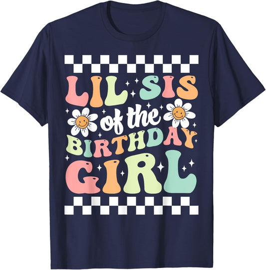 Lil Sis of The Birthday Girl Family Groovy Birthday Party T-Shirt - T-Shirt | Navy
