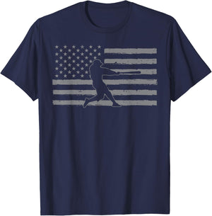 Baseball Batter American Flag USA Patriotic Men Women Kids T-Shirt - T-Shirt | Navy