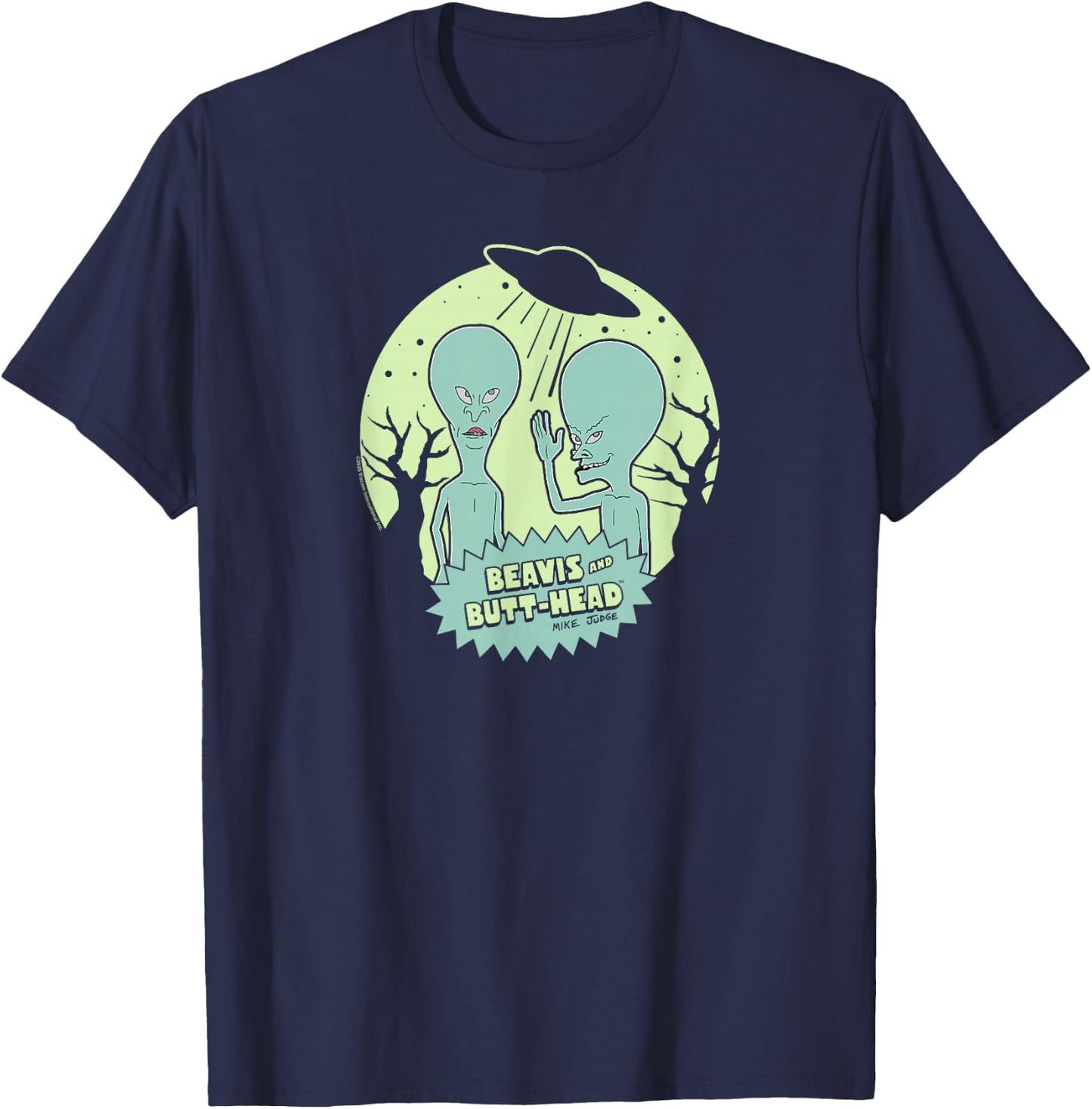 Beavis and Butt-Head Aliens with UFO Retro Funny Cartoon T-Shirt - T-Shirt | Navy