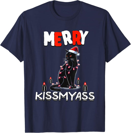 Xmas Christmas Funny Black Cat Merry Kissmyass T-Shirt - T-Shirt | Navy