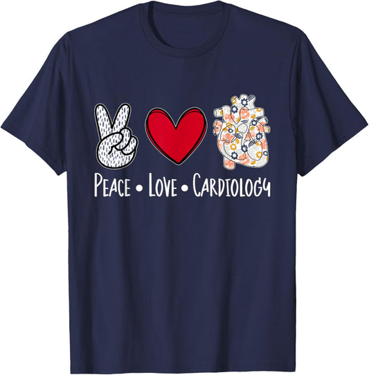 Peace Love Cardiology Cardiac Nurse Cardiologist T-Shirt - T-Shirt | Navy