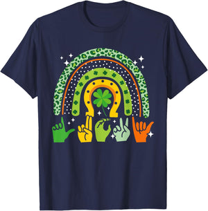 Lucky Sign Language Deaf St Patrick's Day Irish ASL Rainbow T-Shirt - T-Shirt | Navy