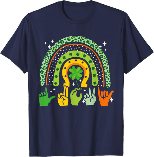 Lucky Sign Language Deaf St Patrick's Day Irish ASL Rainbow T-Shirt - T-Shirt | Navy