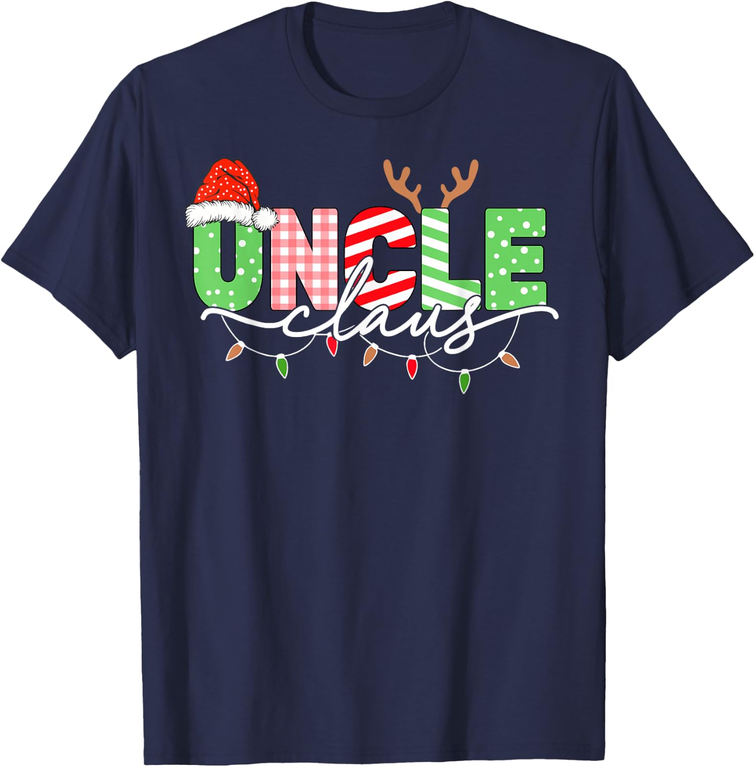 Uncle Claus Christmas Lights Santa Hat Family Matching T-Shirt - T-Shirt | Navy