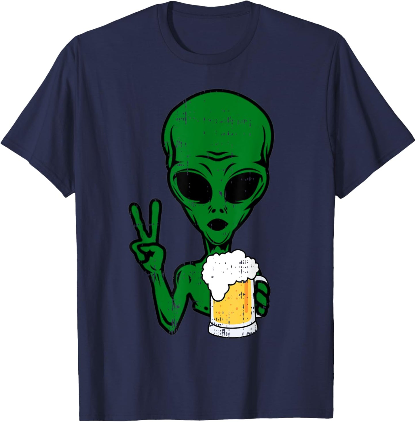 Area-51 Alien Beer Peace Sign Lazy Drinking Halloween Gift T-Shirt - T-Shirt | Navy