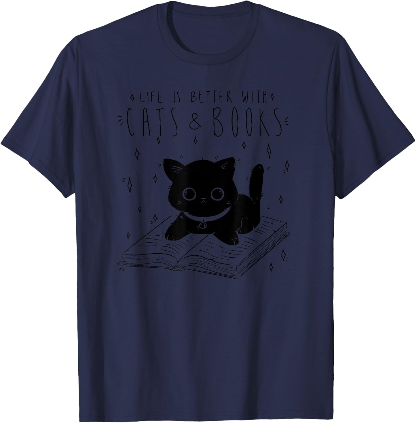 Life is Better with Cats & Books Lover Book Nerd Librarian T-Shirt - T-Shirt | Navy