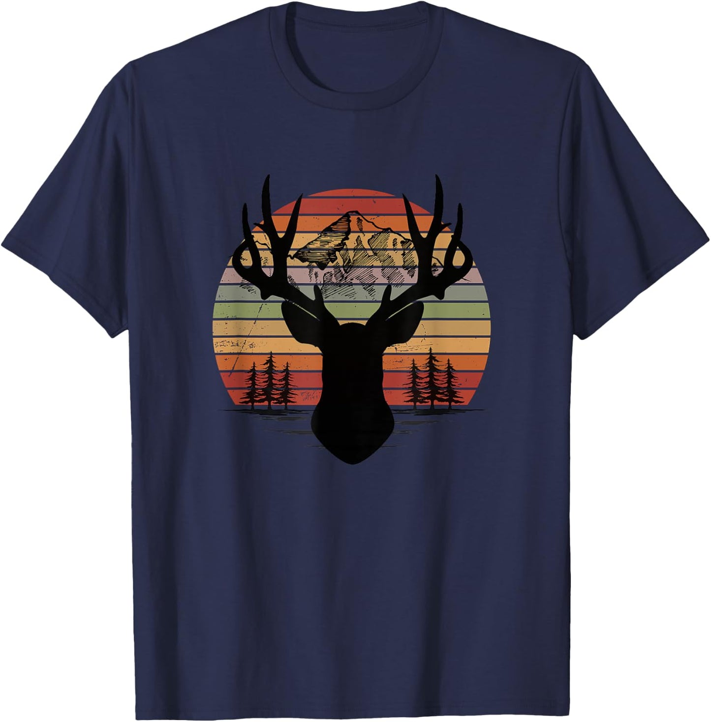 Retro Buck Sunset Deer Mountain Antlers Rustic Stag Elk T-Shirt - T-Shirt | Navy