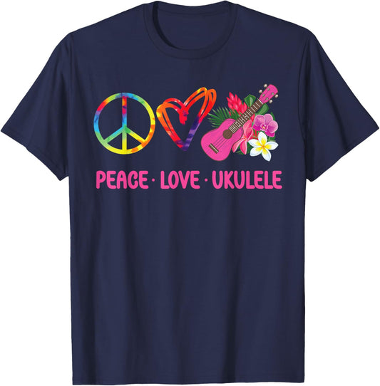 Hawaiian Ukulele Uke Tie Dye Peace Love Ukulele T-Shirt - T-Shirt | Navy