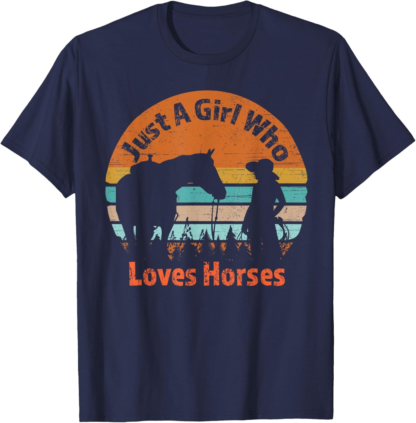 Just A Girl Who Loves Her Horse Retro Sunset Silhouette Gift T-Shirt - T-Shirt | Navy