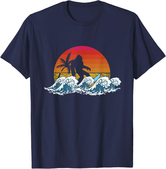 Retro Yeti Sasquatch Bigfoot Surfer | Surfing Summer T-Shirt - T-Shirt | Navy