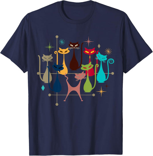 Retro Vintage Modern Look Cats 50s 60s Style Mid-Century T-Shirt - T-Shirt | Navy