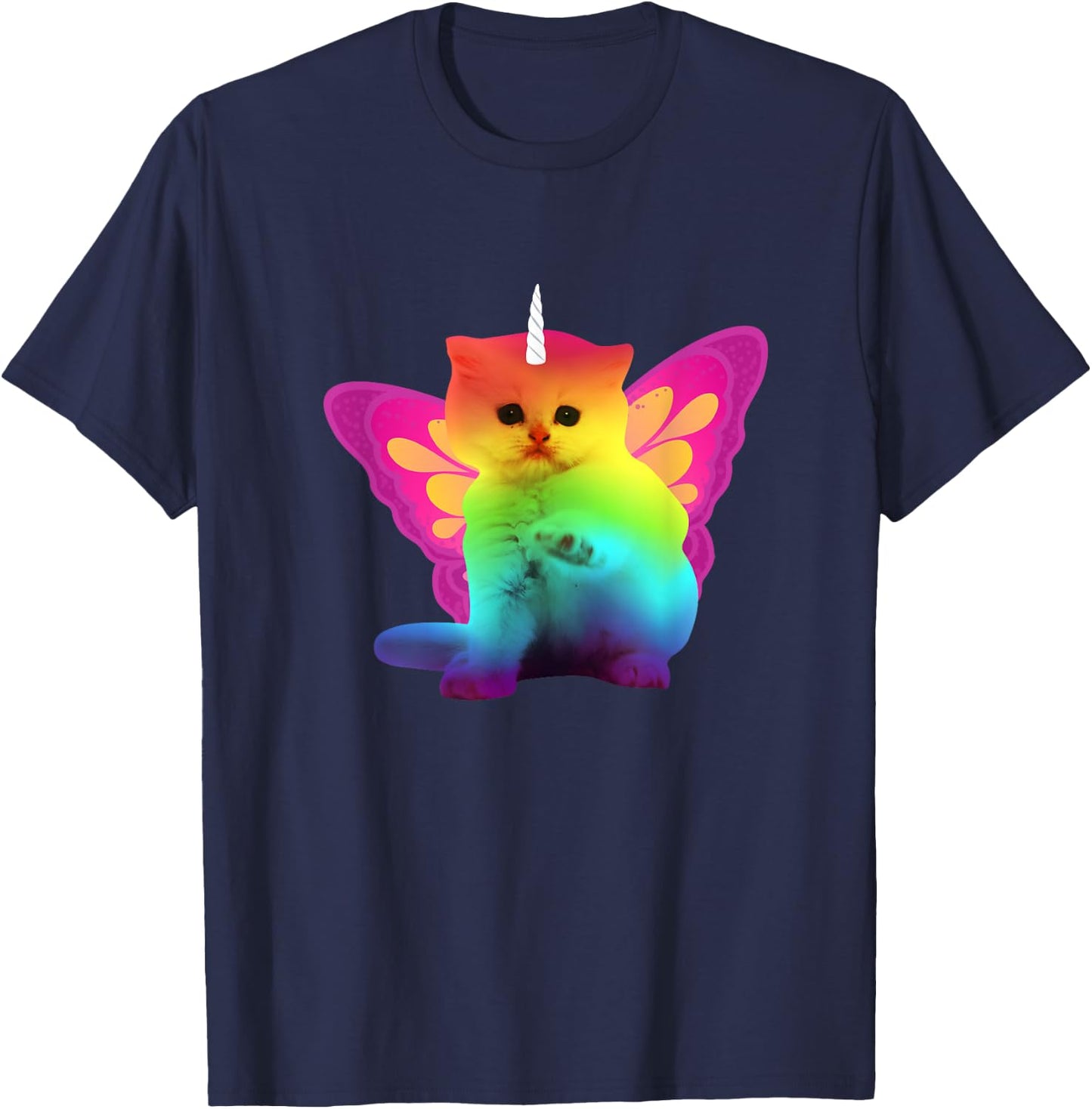 Unicorn Cat With Rainbow Butterfly Wings Men Women Girls Kids T-Shirt - T-Shirt | Navy