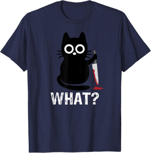 What? Funny Cat With Knife Graphic Design T-Shirt - T-Shirt | Navy