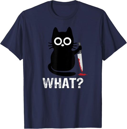 What? Funny Cat With Knife Graphic Design T-Shirt - T-Shirt | Navy