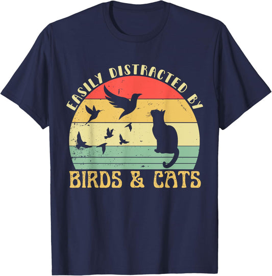 Retro Pet Cat Birds Lover Easily Distracted By Birds & Cats Women Girls Kids T-Shirt - T-Shirt | Navy