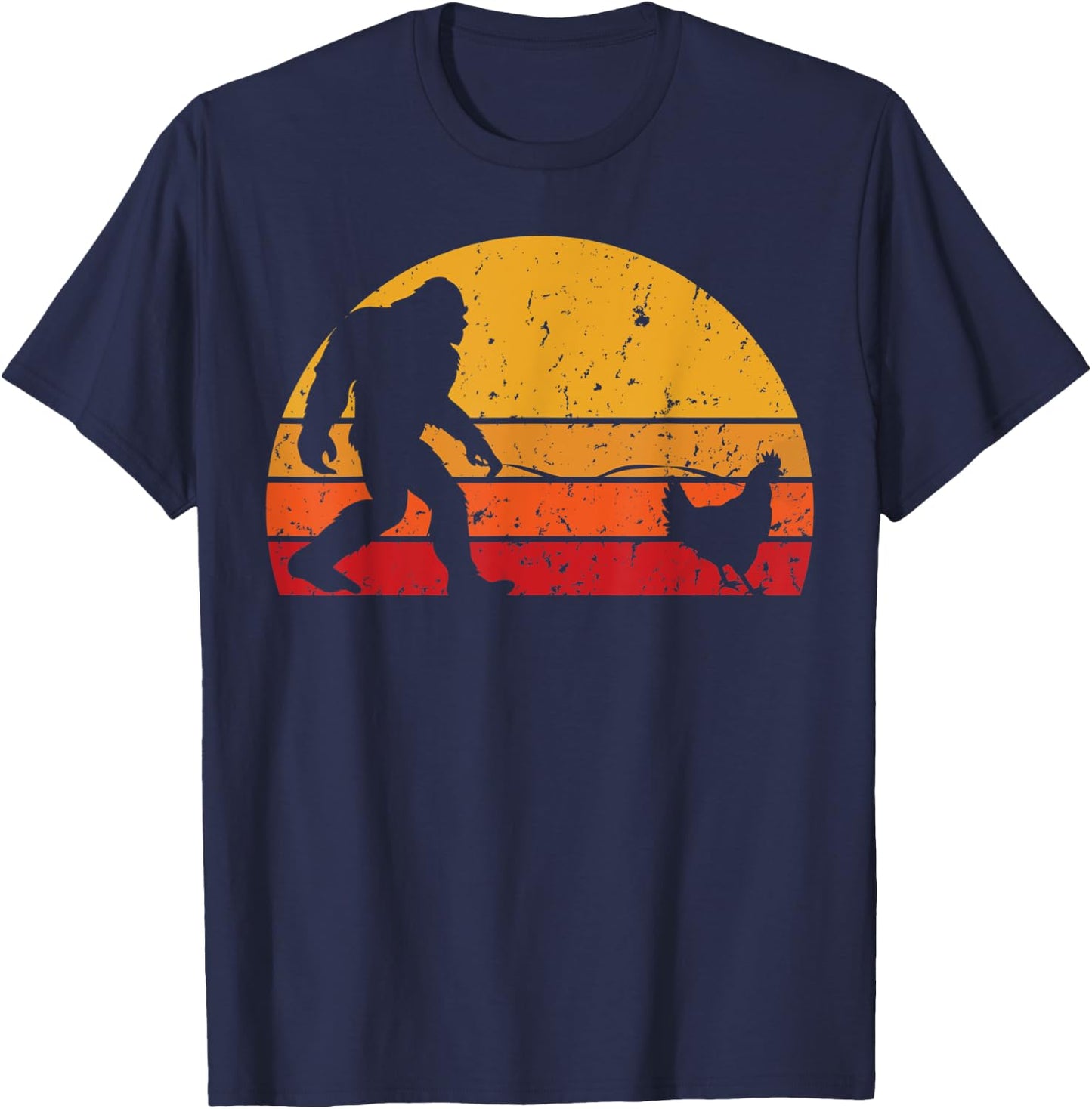 Vintage Sunset Bigfoot Walking Chicken Funny T-Shirt - T-Shirt | Navy