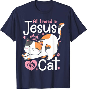 Feline Pawsitive Cat Co All I Need Is Jesus And My Cat Lover Christian Women Girls T-Shirt - T-Shirt | Navy