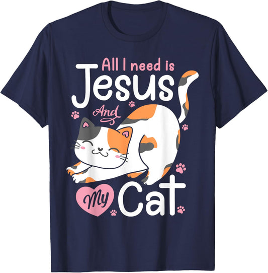 Feline Pawsitive Cat Co All I Need Is Jesus And My Cat Lover Christian Women Girls T-Shirt - T-Shirt | Navy