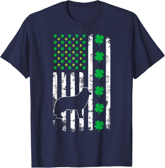 US American Flag Shamrocks Border Collie Lucky Clover Dog T-Shirt - T-Shirt | Navy