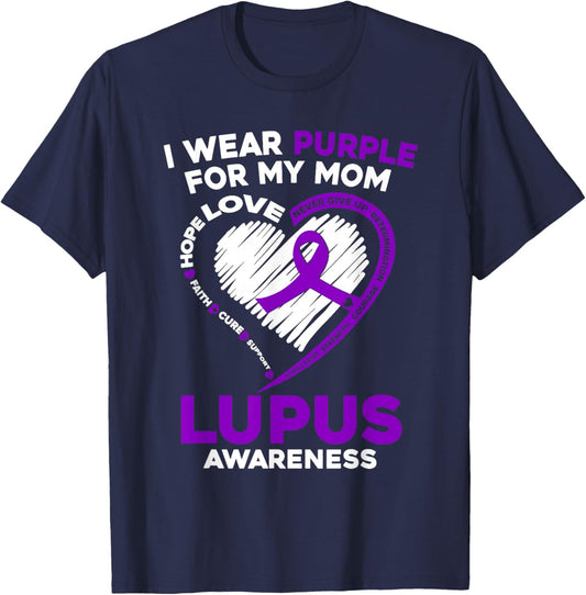 Mom Lupus Awareness I Wear Purple For My Mom Purple Ribbon T-Shirt - T-Shirt | Navy