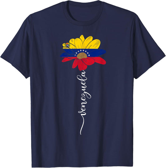 Venezuela Flag Sunflower Vintage Venezuelans Lover T-Shirt - T-Shirt | Navy