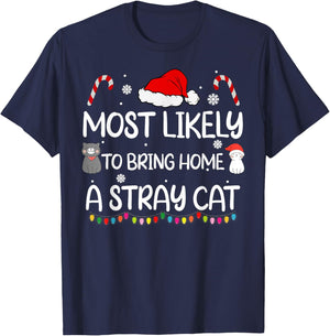 Most Likely To Bring Home A Stray Cat family Christmas T-Shirt - T-Shirt | Navy