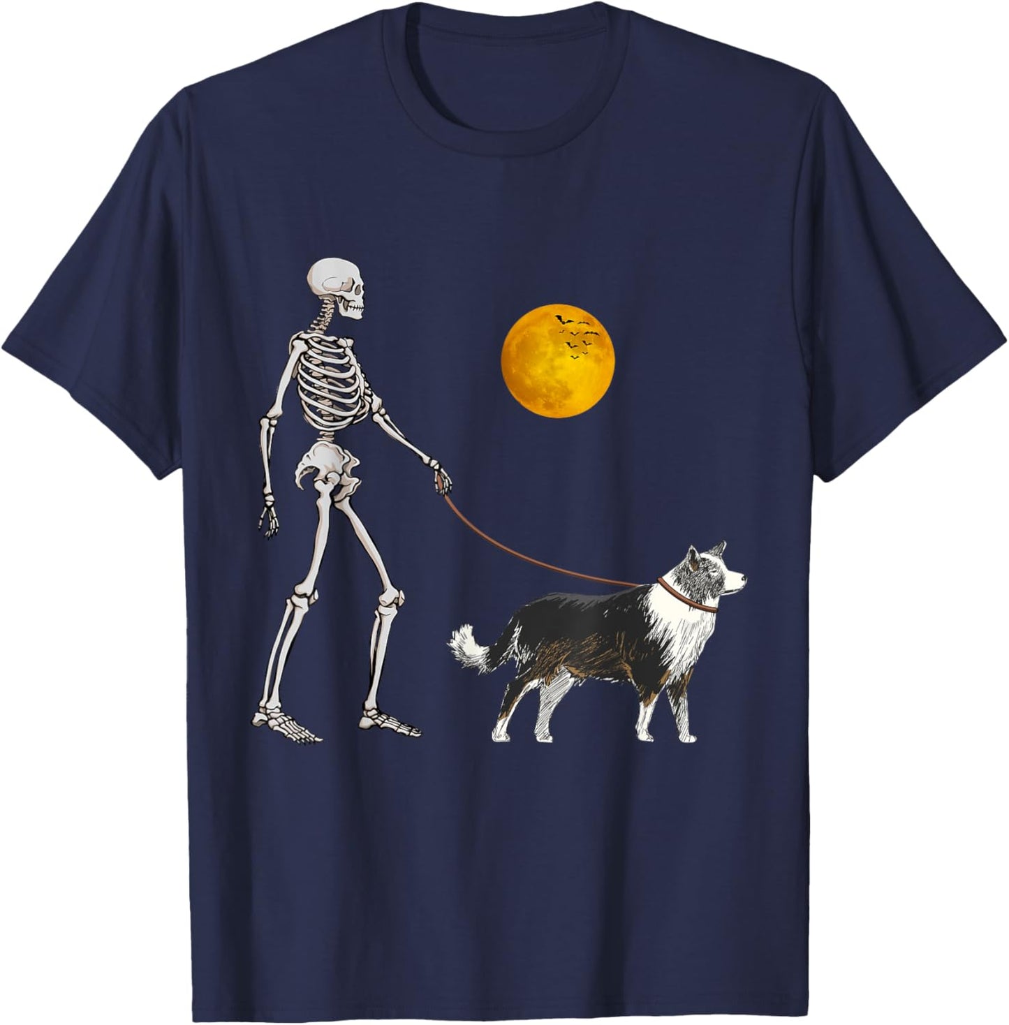 Border Collie Skeleton Dog Walking Halloween Costume Women Girls Kids T-Shirt - T-Shirt | Navy