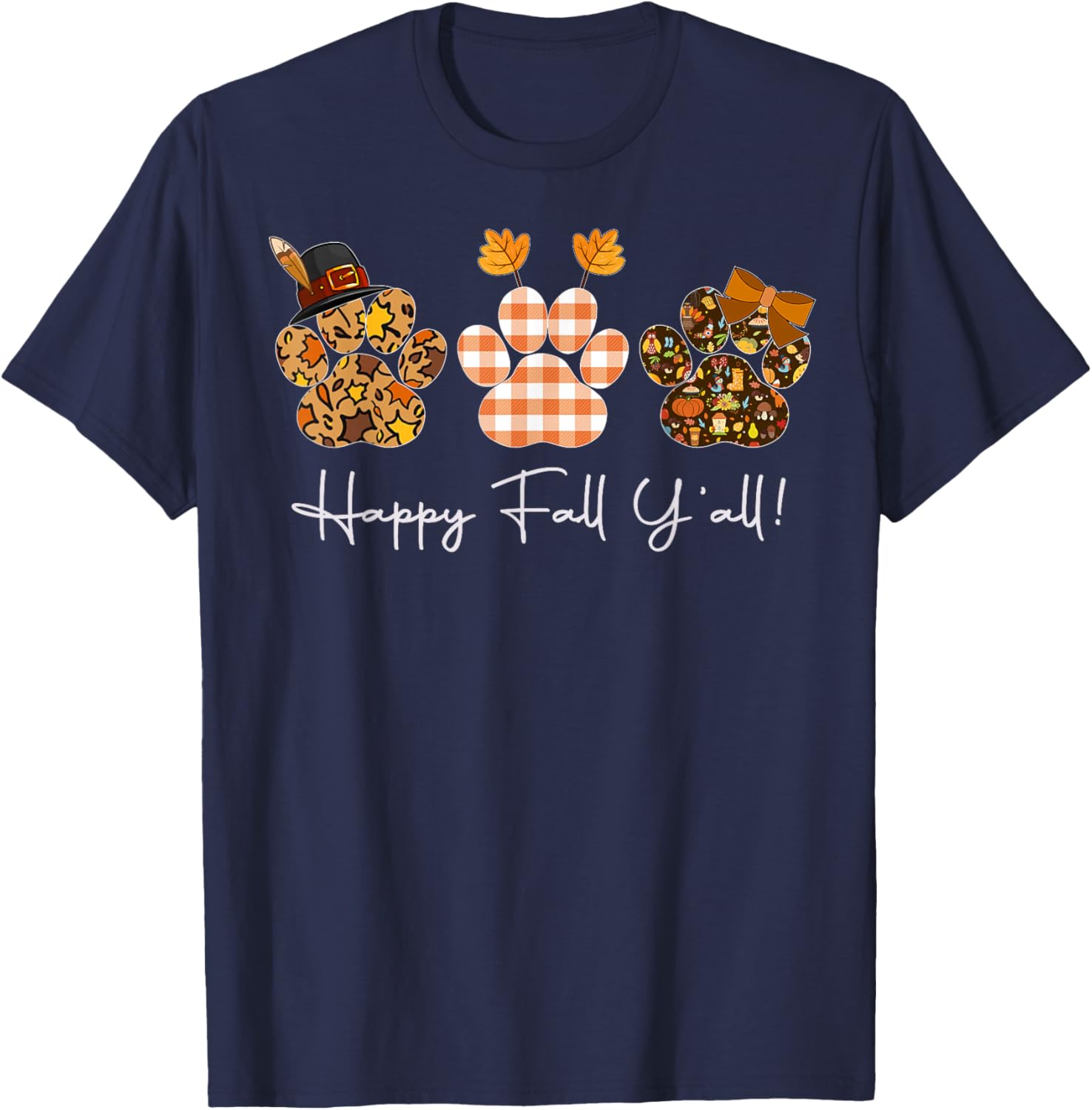 Happy Fall Y'all Paw Prints, Leopard Buffalo Paw Autumn T-Shirt - T-Shirt | Navy