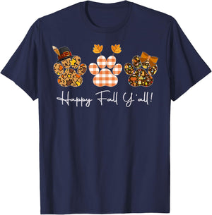Happy Fall Y'all Paw Prints, Leopard Buffalo Paw Autumn T-Shirt - T-Shirt | Navy