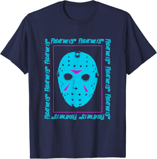 Friday The 13th Blue Mask Neon Summerween Horror Movie T-Shirt - T-Shirt | Navy