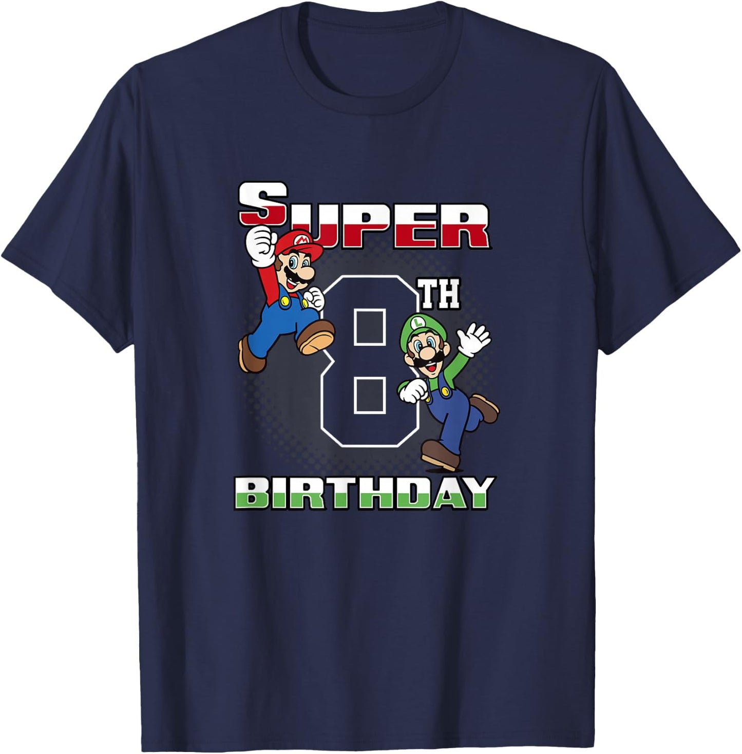 Super Mario Bros Mario & Luigi Super 8th Birthday T-Shirt - T-Shirt | Navy