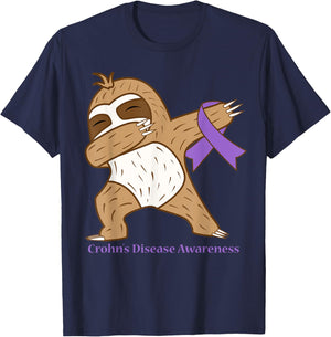 Crohn's Disease Awareness Ribbon Dabbing Sloth Warrior Gift T-Shirt - T-Shirt | Navy